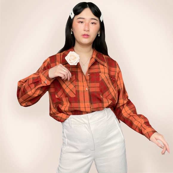 vtg orange plaid button up - Picture 2 of 4